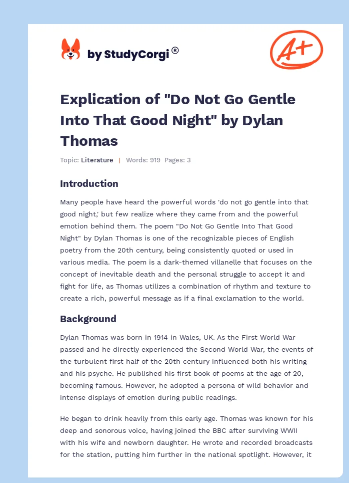 Explication of "Do Not Go Gentle Into That Good Night" by Dylan Thomas. Page 1