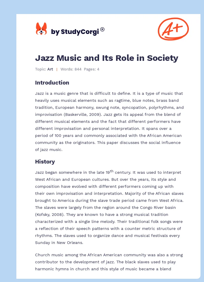 Jazz Music and Its Role in Society. Page 1