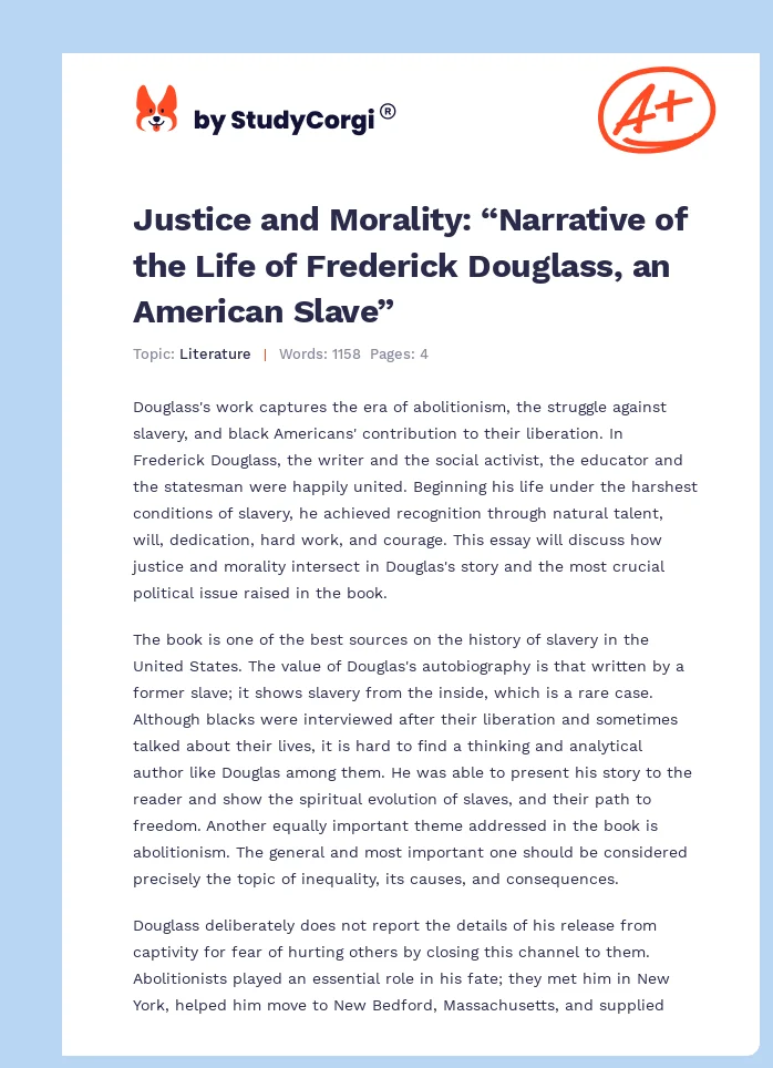 Justice and Morality: “Narrative of the Life of Frederick Douglass, an American Slave”. Page 1