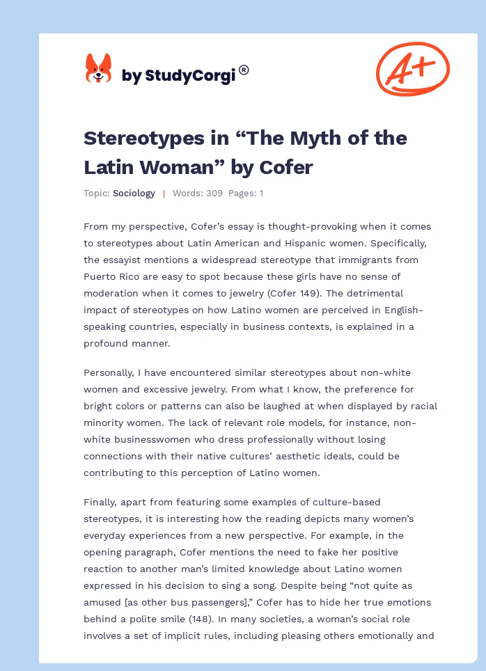 Stereotypes in “The Myth of the Latin Woman” by Cofer. Page 1