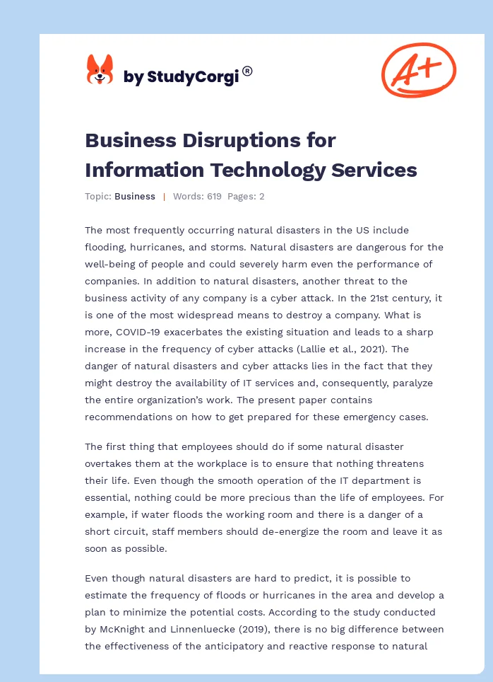 Business Disruptions for Information Technology Services. Page 1