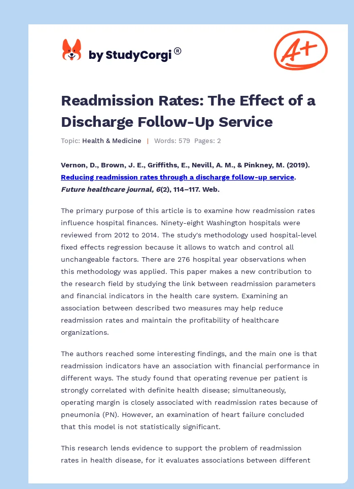 Readmission Rates: The Effect of a Discharge Follow-Up Service. Page 1