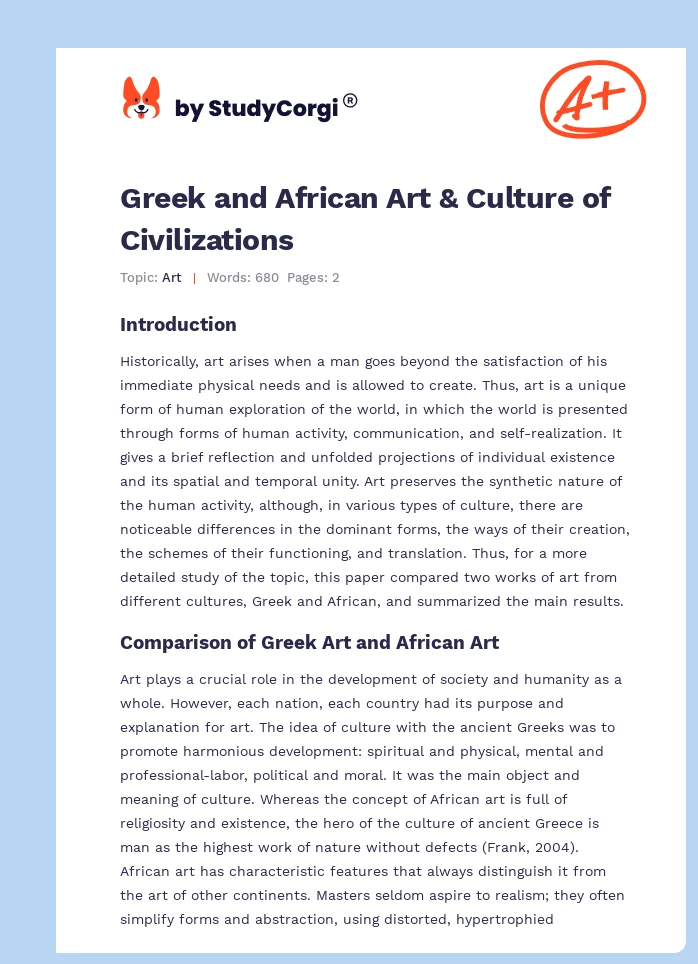 Greek and African Art & Culture of Civilizations. Page 1