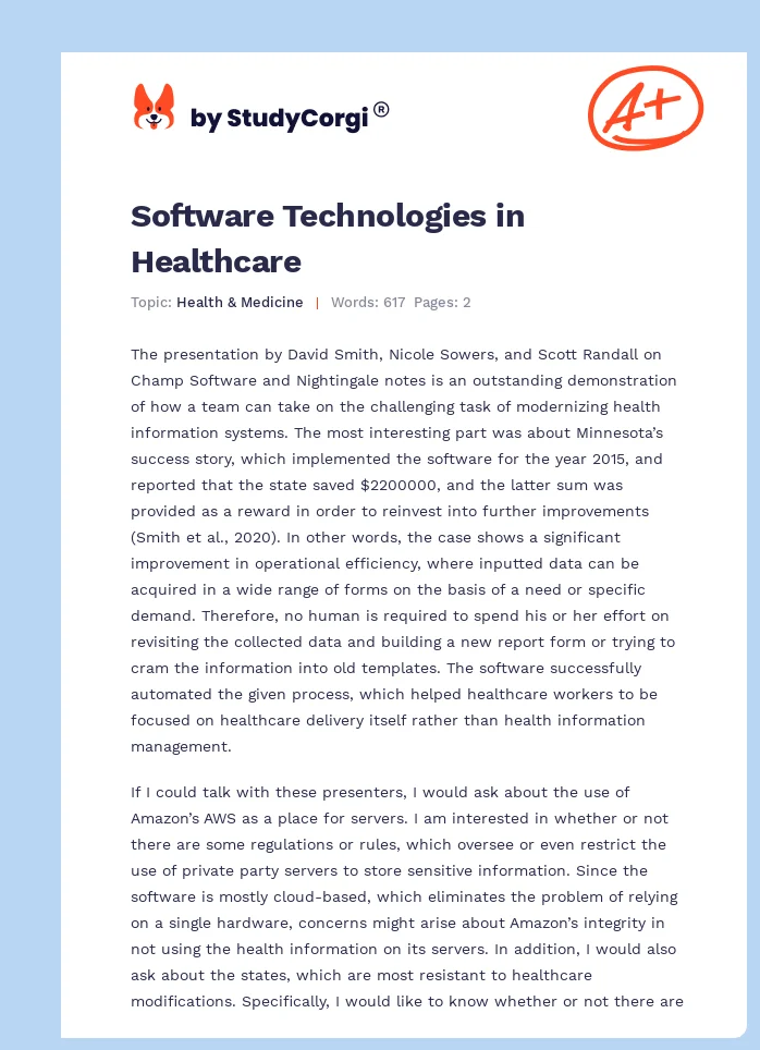 Software Technologies in Healthcare. Page 1
