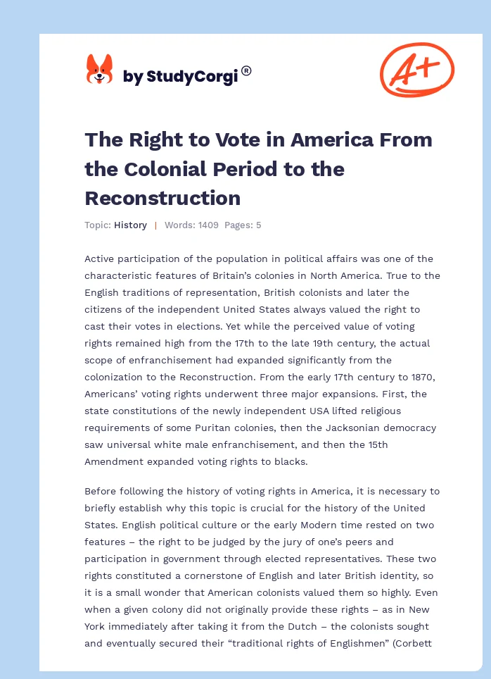The Right to Vote in America From the Colonial Period to the Reconstruction. Page 1