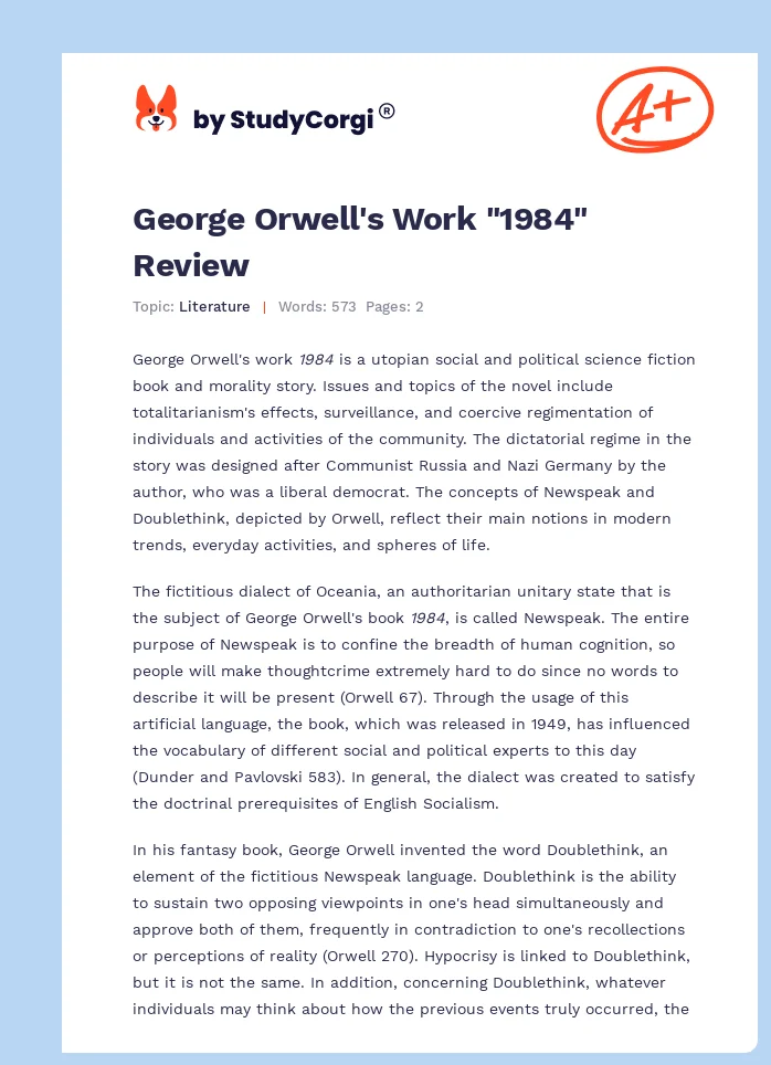 George Orwell's Work "1984" Review. Page 1