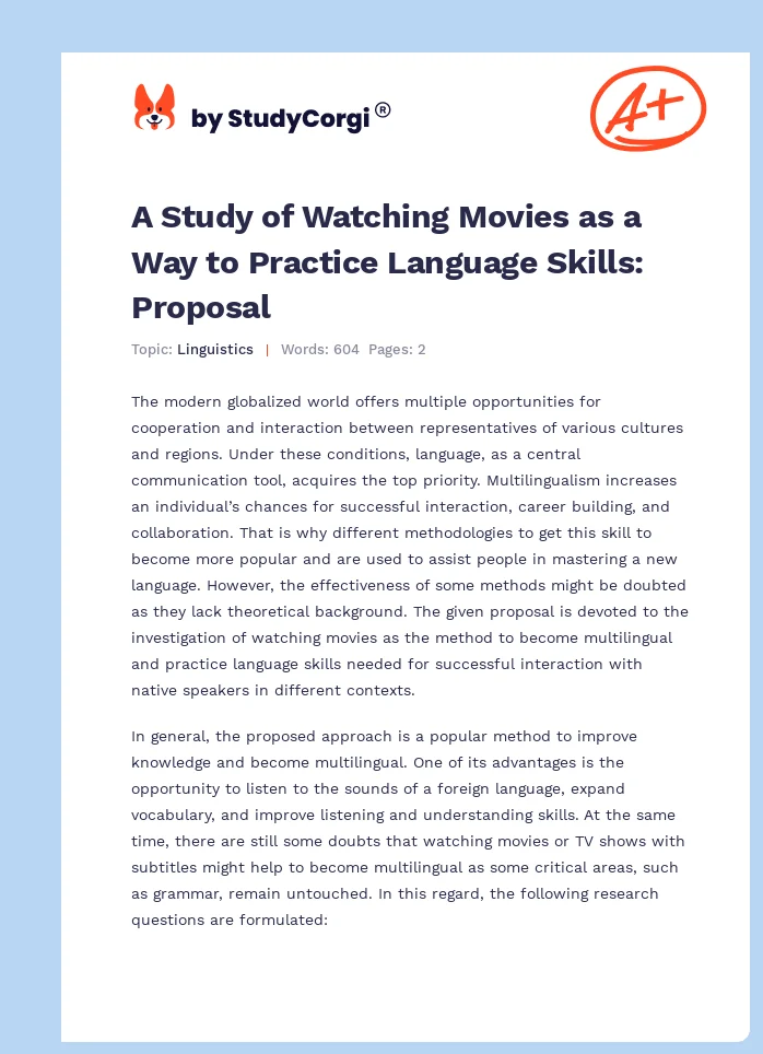 A Study of Watching Movies as a Way to Practice Language Skills: Proposal. Page 1