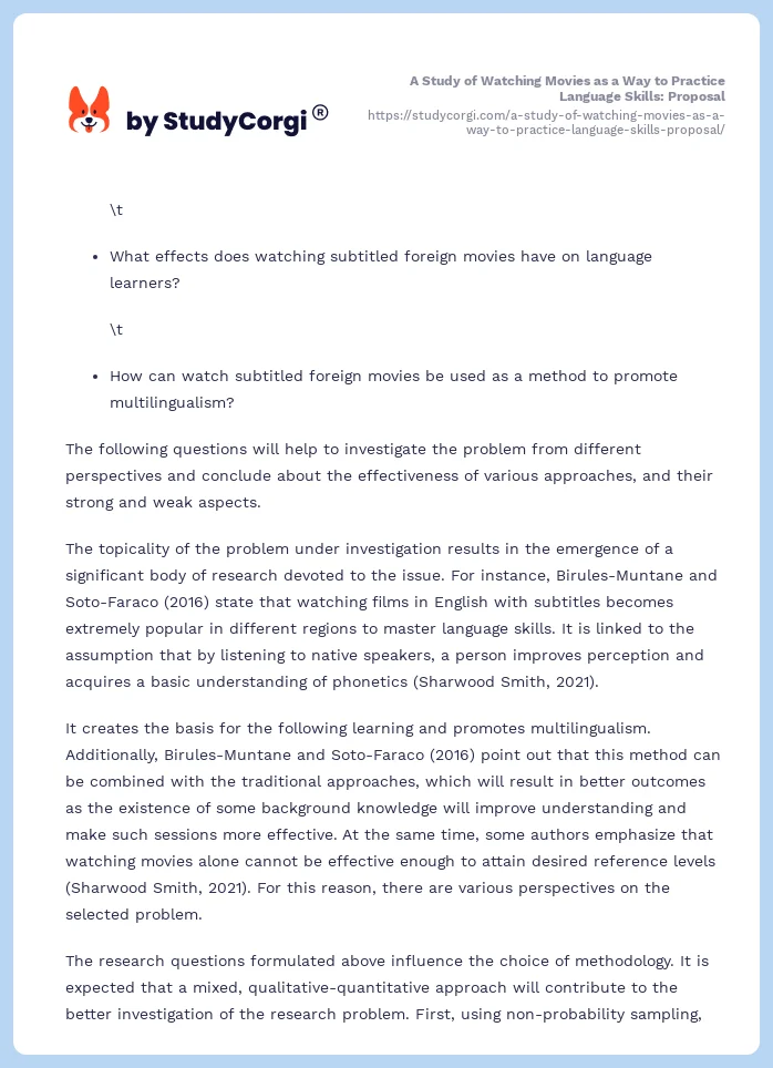 A Study of Watching Movies as a Way to Practice Language Skills: Proposal. Page 2