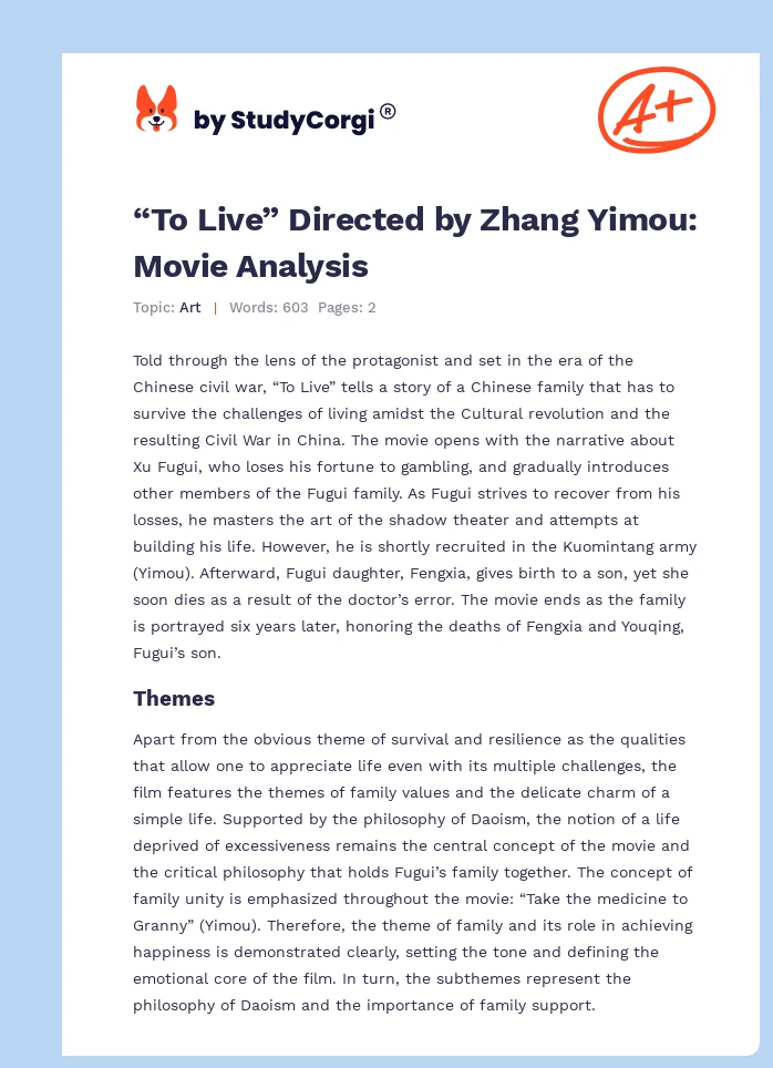 “To Live” Directed by Zhang Yimou: Movie Analysis. Page 1