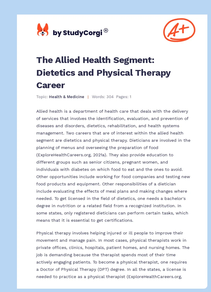 The Allied Health Segment: Dietetics and Physical Therapy Career. Page 1