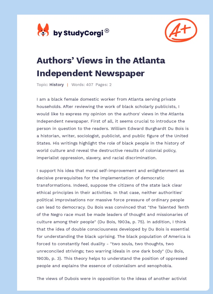 Authors’ Views in the Atlanta Independent Newspaper. Page 1