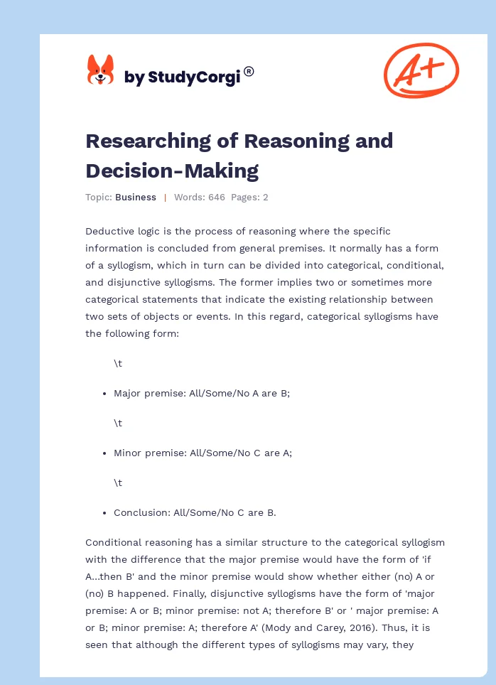 Researching of Reasoning and Decision-Making. Page 1