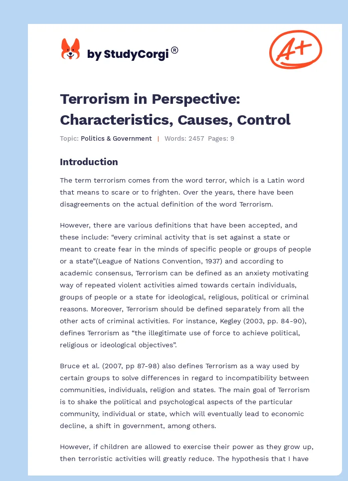 Terrorism in Perspective: Characteristics, Causes, Control. Page 1