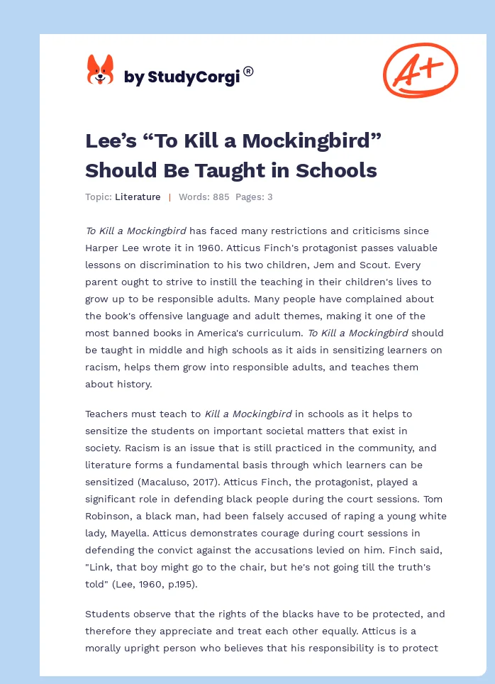 Lee’s “To Kill a Mockingbird” Should Be Taught in Schools. Page 1