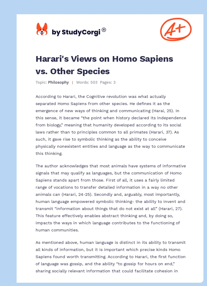 Harari's Views on Homo Sapiens vs. Other Species. Page 1