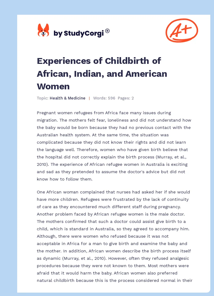 Experiences of Childbirth of African, Indian, and American Women. Page 1