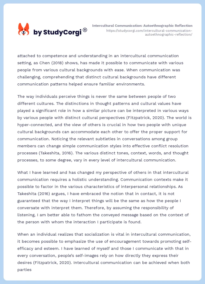 Intercultural Communication: Autoethnographic Reflection. Page 2