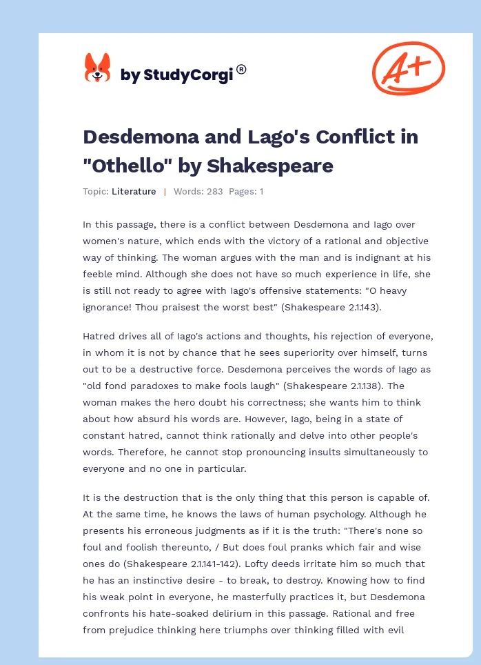 Desdemona and Lago's Conflict in "Othello" by Shakespeare. Page 1