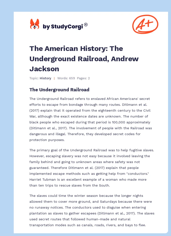 The American History: The Underground Railroad, Andrew Jackson. Page 1