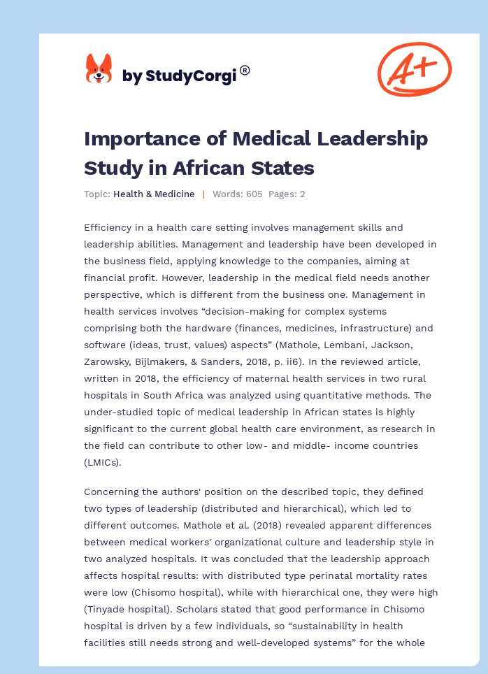 Importance of Medical Leadership Study in African States. Page 1