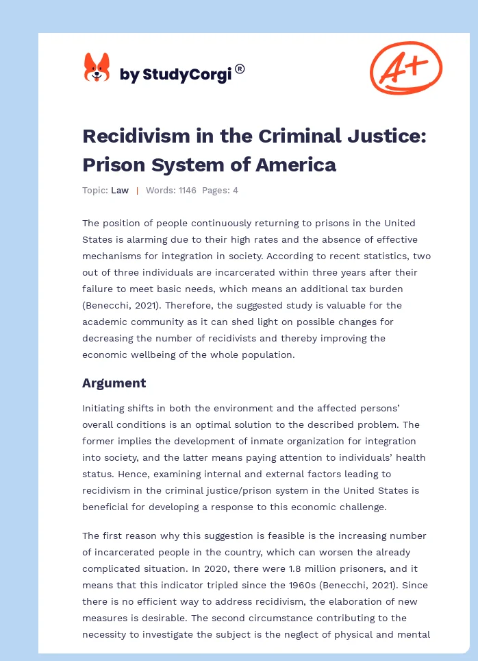 Recidivism in the Criminal Justice: Prison System of America. Page 1