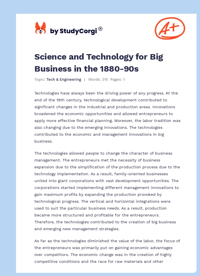 Science and Technology for Big Business in the 1880-90s. Page 1