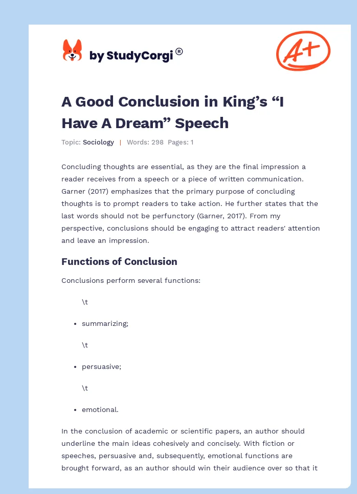 A Good Conclusion in King’s “I Have A Dream” Speech. Page 1