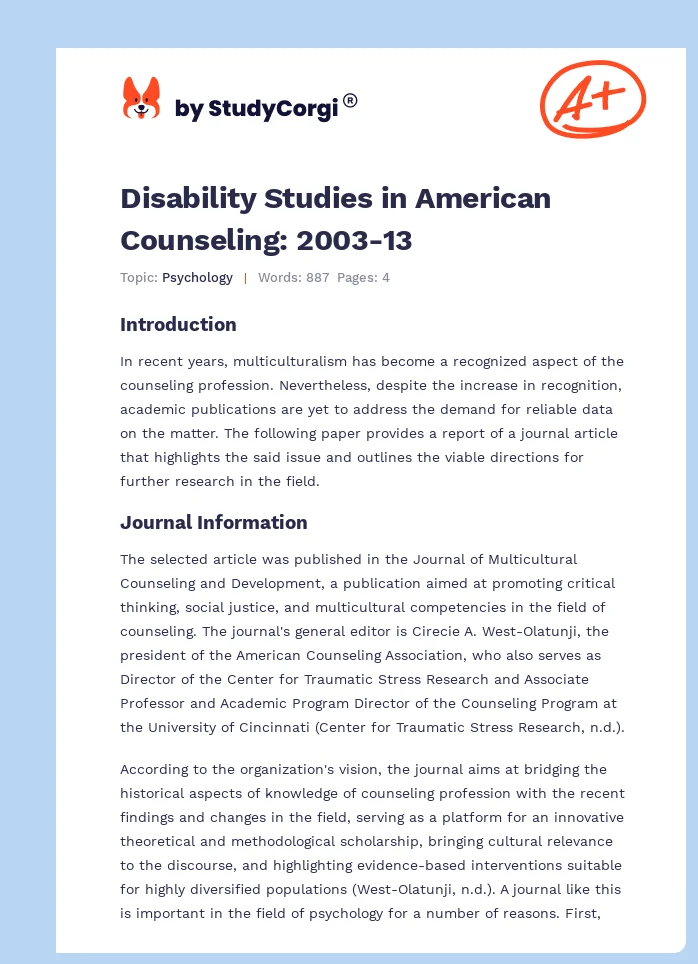 Disability Studies in American Counseling: 2003-13. Page 1