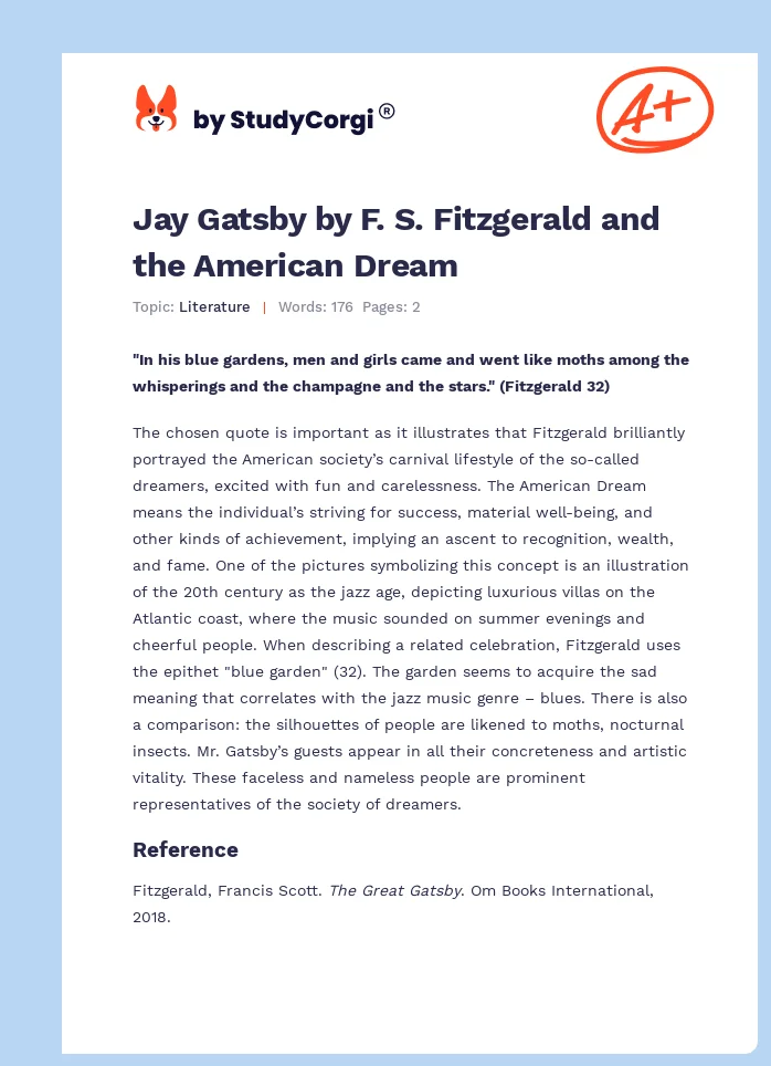 Jay Gatsby by F. S. Fitzgerald and the American Dream. Page 1