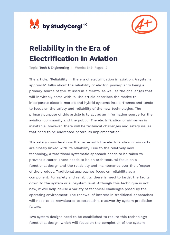 Reliability in the Era of Electrification in Aviation. Page 1