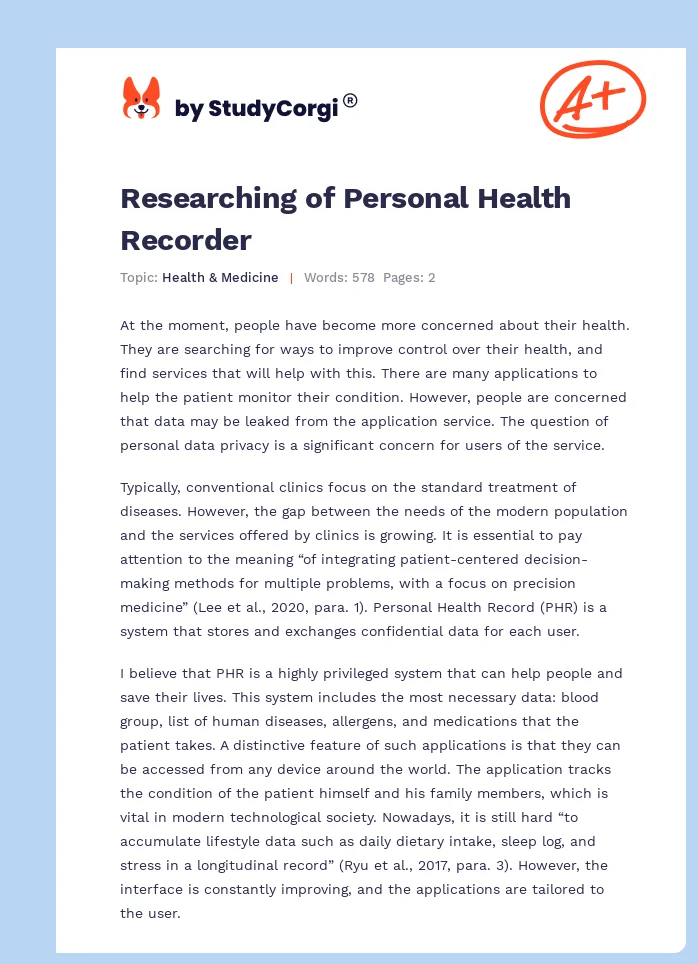 Researching of Personal Health Recorder. Page 1