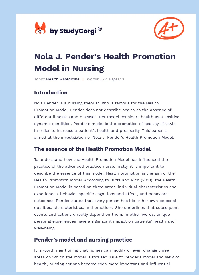 Nola J. Pender's Health Promotion Model in Nursing. Page 1