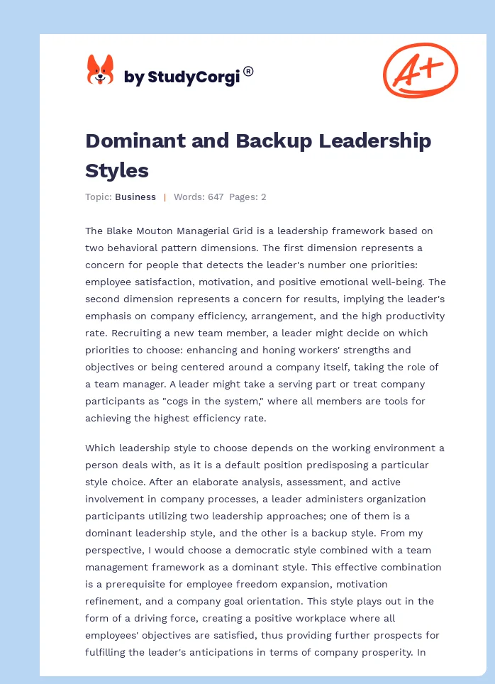 Dominant and Backup Leadership Styles. Page 1