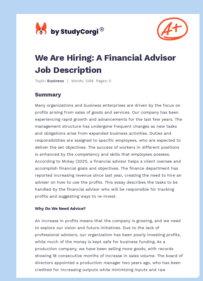We Are Hiring: A Financial Advisor Job Description. Page 1
