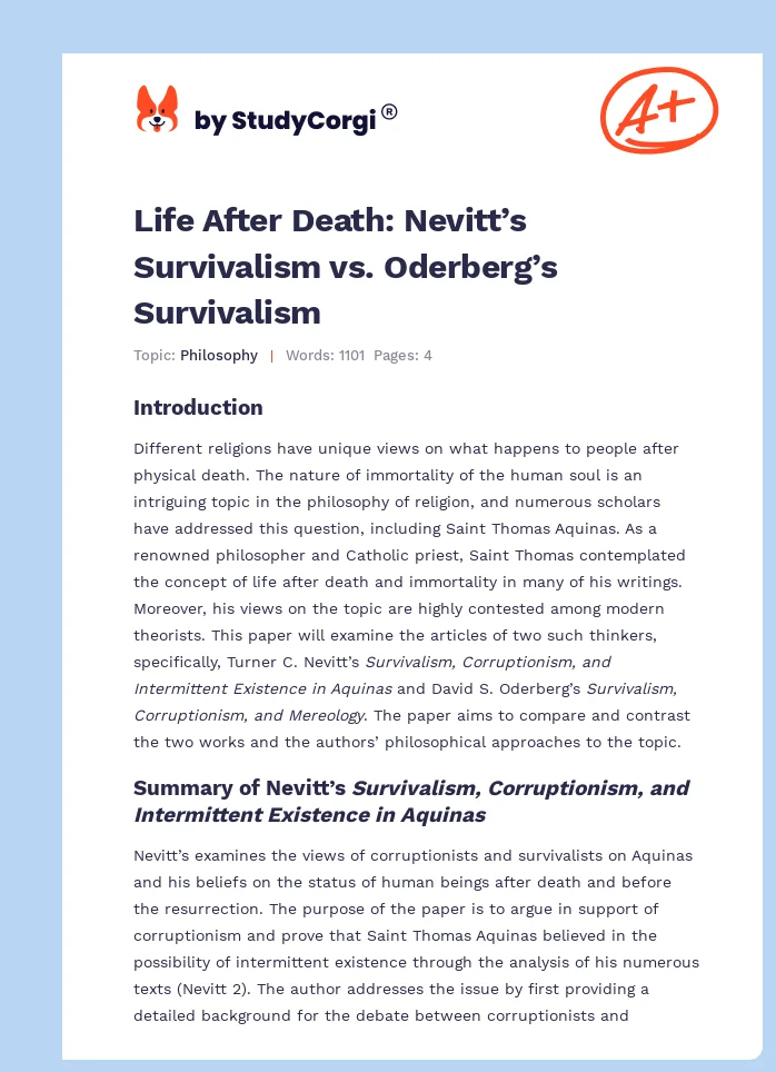 Life After Death: Nevitt’s Survivalism vs. Oderberg’s Survivalism. Page 1