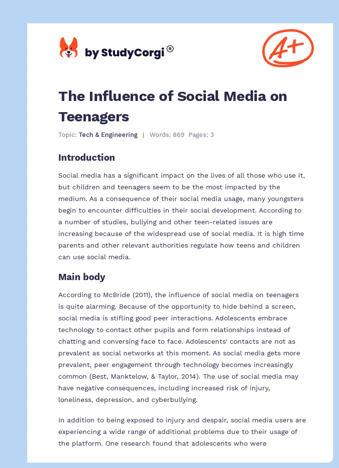 The Influence of Social Media on Teenagers. Page 1