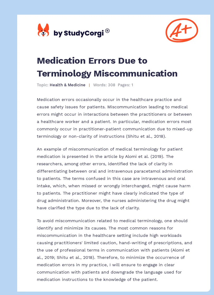 Medication Errors Due to Terminology Miscommunication. Page 1