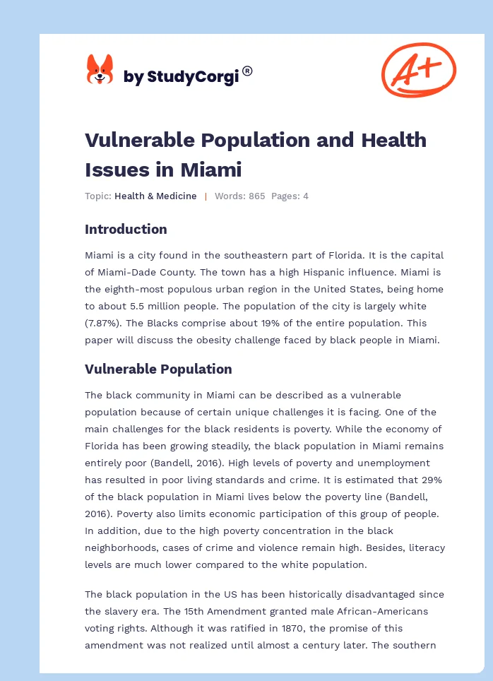 Vulnerable Population and Health Issues in Miami. Page 1