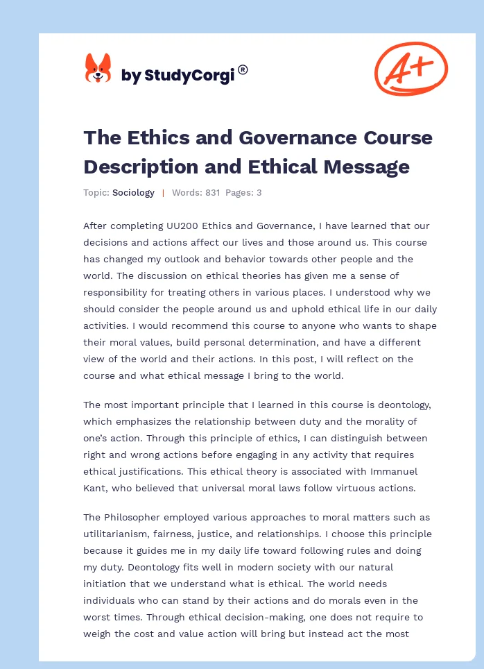 The Ethics and Governance Course Description and Ethical Message. Page 1