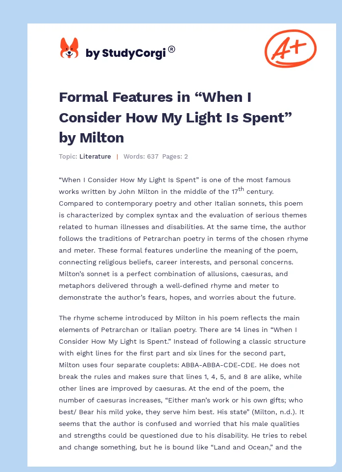 Formal Features in “When I Consider How My Light Is Spent” by Milton. Page 1