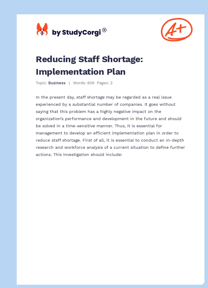 Reducing Staff Shortage: Implementation Plan. Page 1