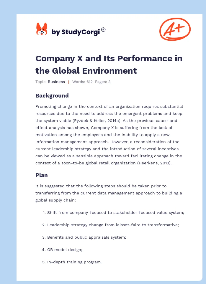 Company X and Its Performance in the Global Environment. Page 1