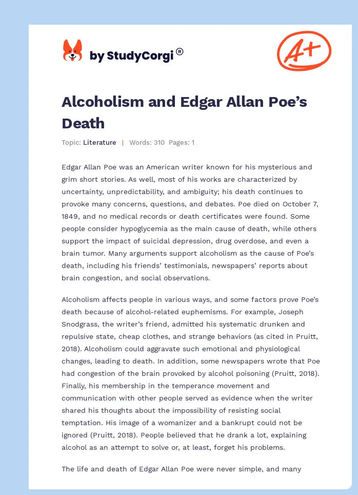 Alcoholism and Edgar Allan Poe’s Death. Page 1