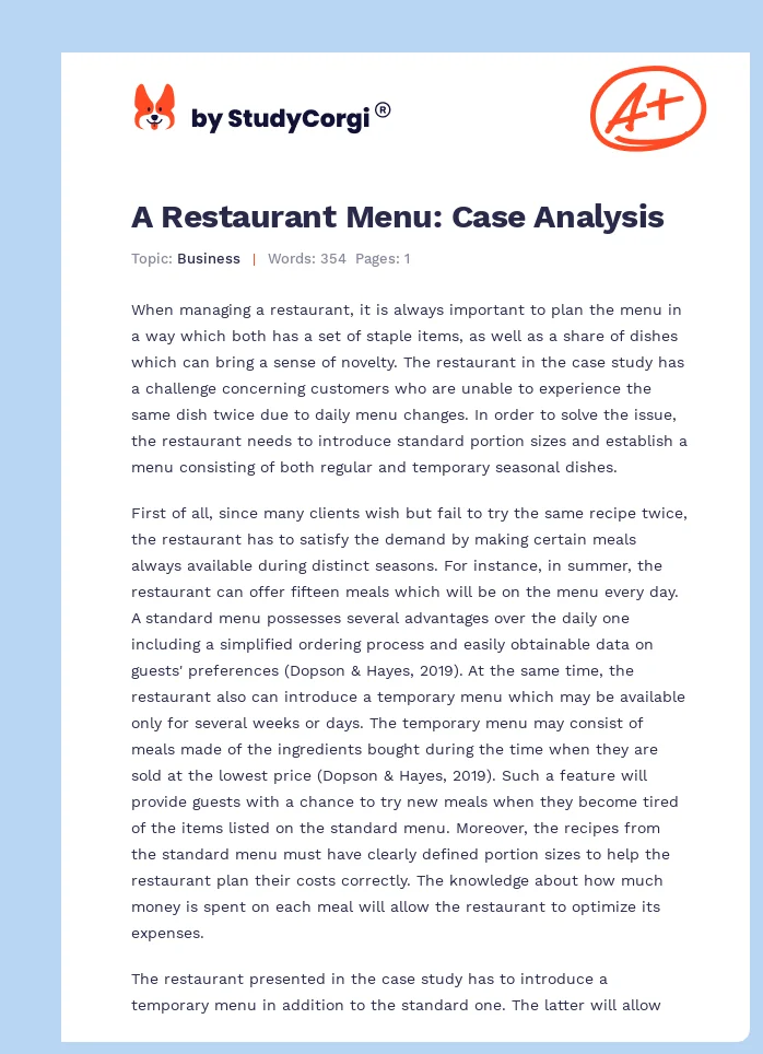 A Restaurant Menu: Case Analysis. Page 1