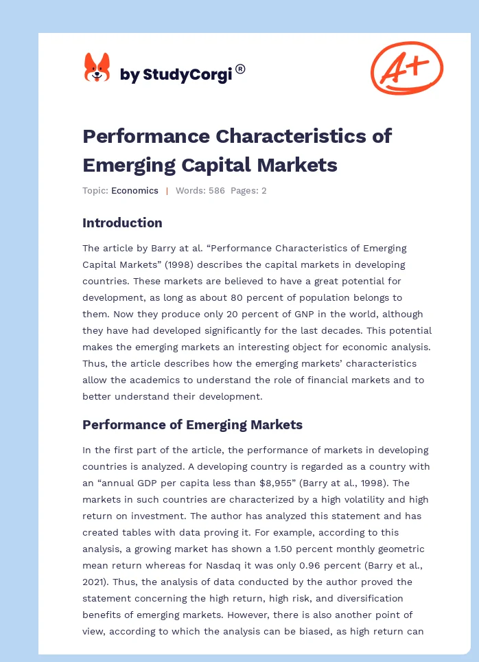 Performance Characteristics of Emerging Capital Markets. Page 1