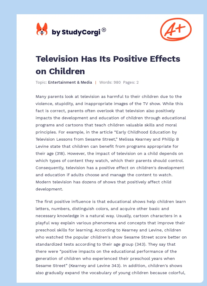 Television Has Its Positive Effects on Children. Page 1