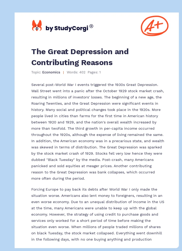 The Great Depression and Contributing Reasons. Page 1