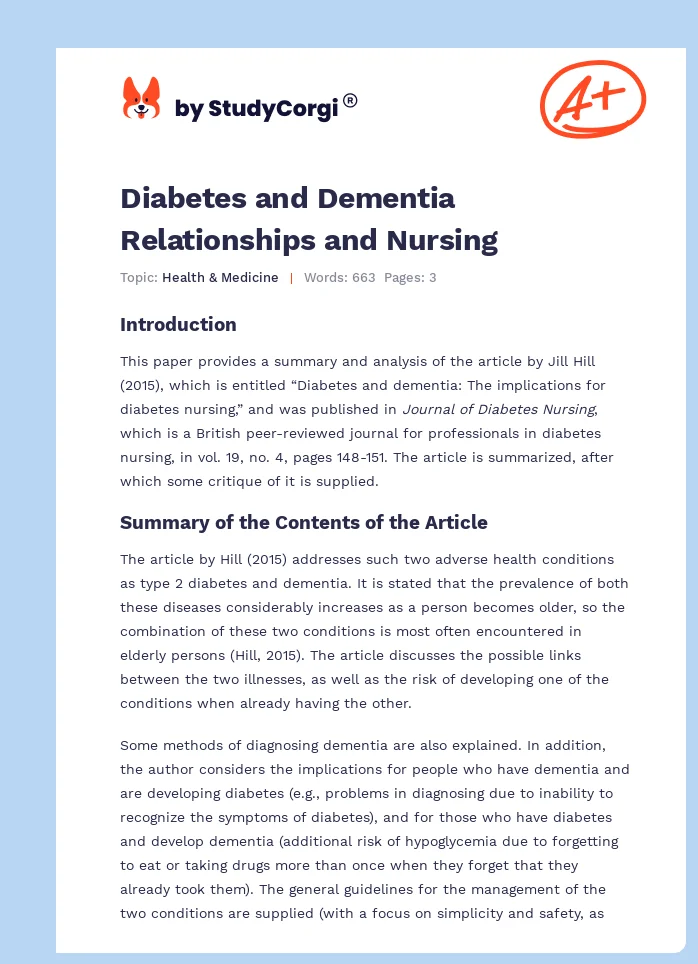Diabetes and Dementia Relationships and Nursing. Page 1