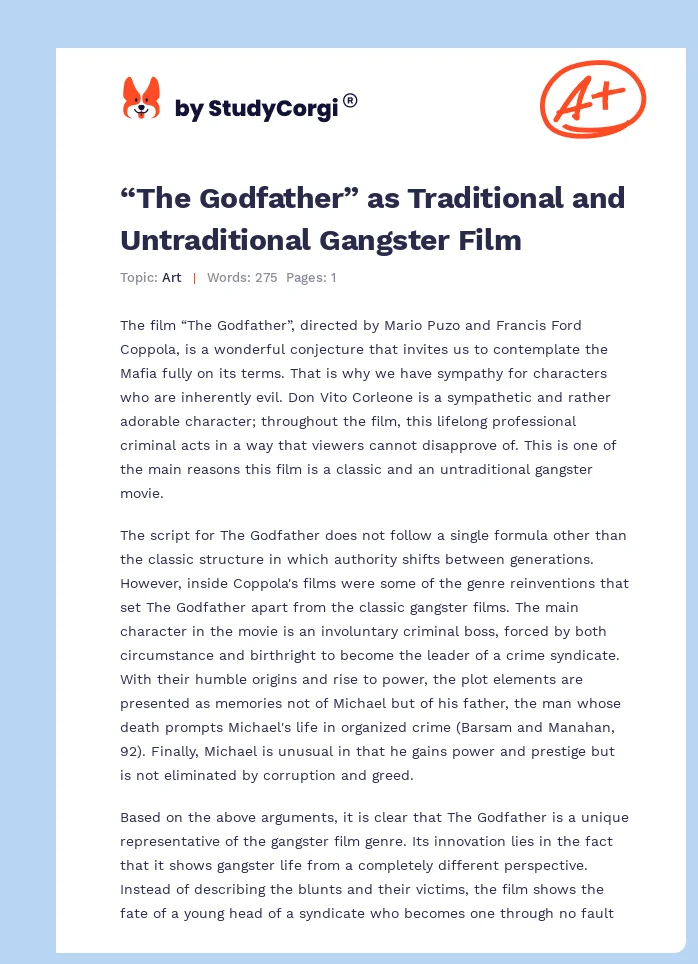 “The Godfather” as Traditional and Untraditional Gangster Film. Page 1