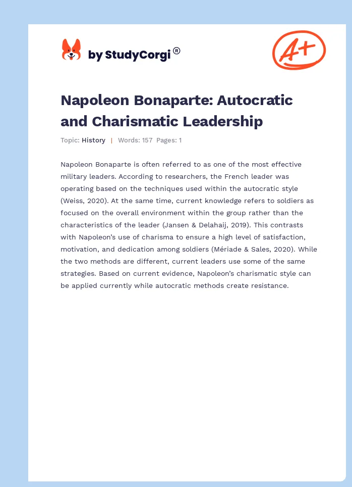 Napoleon Bonaparte: Autocratic and Charismatic Leadership. Page 1